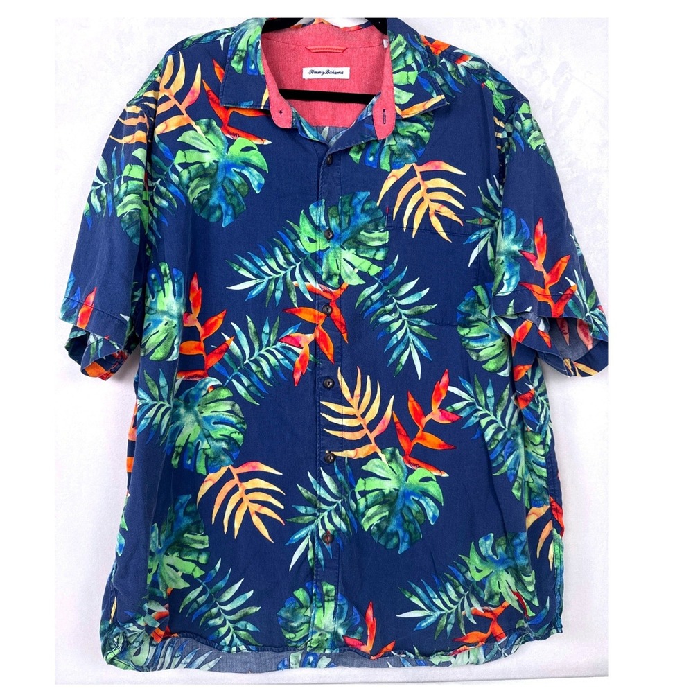 Tommy Bahama Mens XXL Tropical Hawaiian Leaf Print Tencel Cotton Button Up Shirt